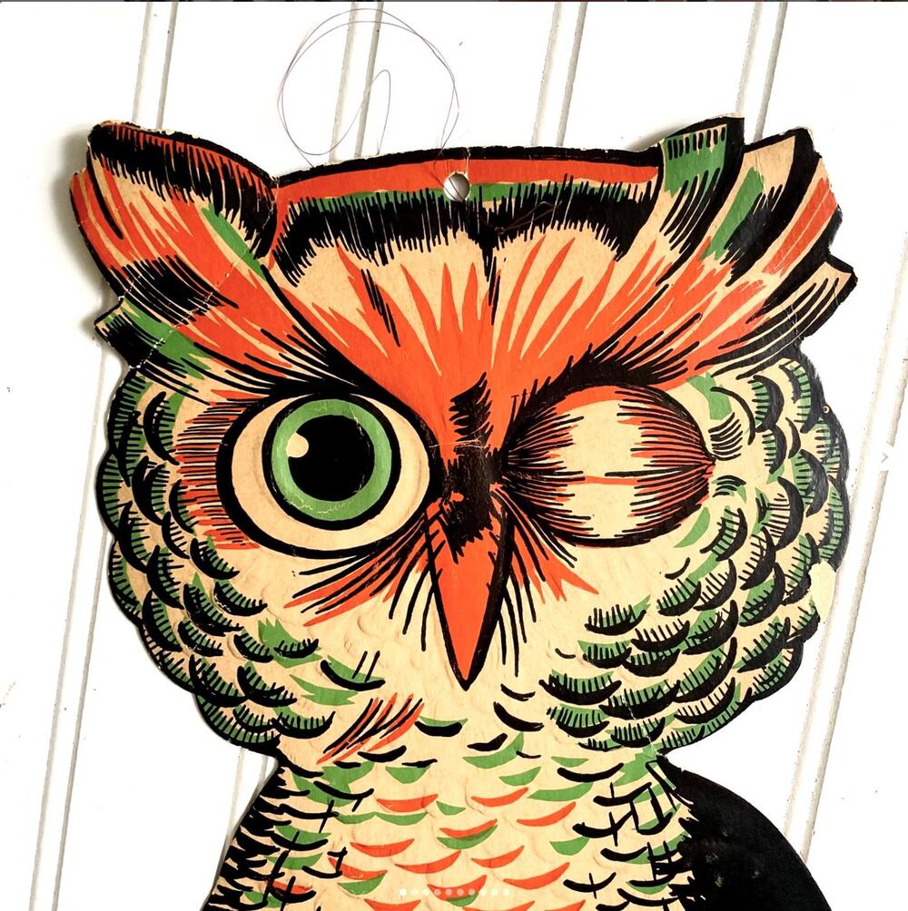 Large Vintage Beistle USA Embossed Winking Halloween Owl Die-Cut Cardboard